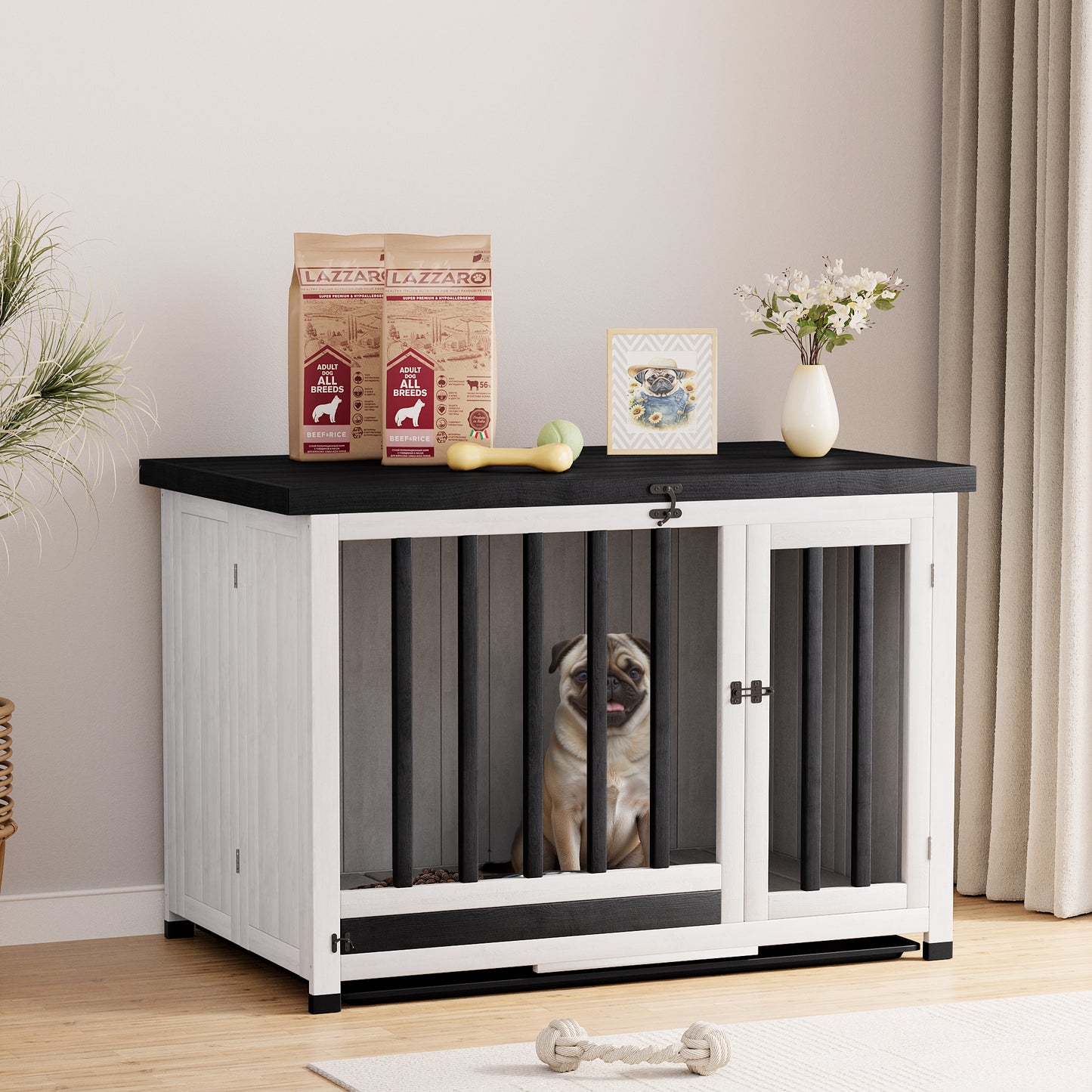 Furmax Solid Wood Indoor Dog Crate Furniture with Bowl Portable Collapsible Doghouse End Table Heavy Duty Dog Cage with Opening Roof