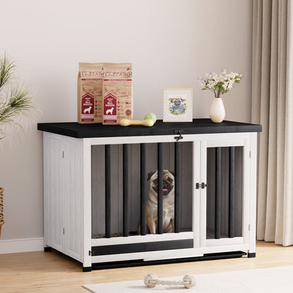 Furmax Solid Wood Indoor Dog Crate Furniture with Bowl Portable Collapsible Doghouse End Table Heavy Duty Dog Cage with Opening Roof