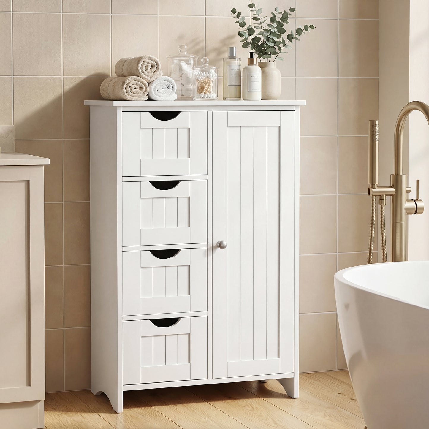 Furmax Wooden Bathroom Floor Cabinet with 4 Drawers, 1 Adjustable Shelf & 1 Cupboard，Side Storage Organizer Storage Cabinet for Bathroom, Entryway