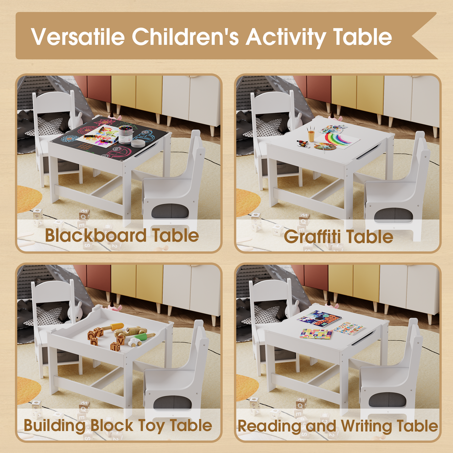 Furmax Children Table and Chair Set, 3 in 1 Wooden Activity Table and Chair Set with 2 in 1 Detachable Tabletop Table Storage Drawer for Home Nursery Playroom