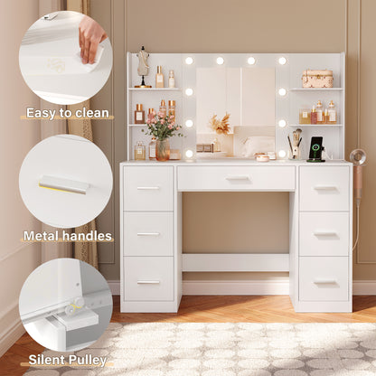 Furmax Makeup Vanity with Mirror and Drawers Vanity Desk Set with 3 Modes Adjustable Brightness Lights and USB Power Outlet