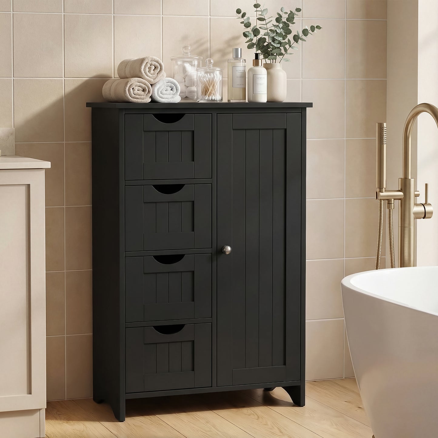 Furmax Wooden Bathroom Floor Cabinet with 4 Drawers, 1 Adjustable Shelf & 1 Cupboard，Side Storage Organizer Storage Cabinet for Bathroom, Entryway