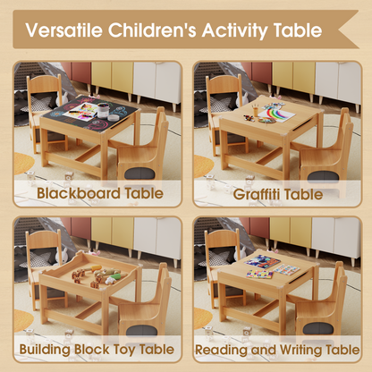 Furmax Children Table and Chair Set, 3 in 1 Wooden Activity Table and Chair Set with 2 in 1 Detachable Tabletop Table Storage Drawer for Home Nursery Playroom
