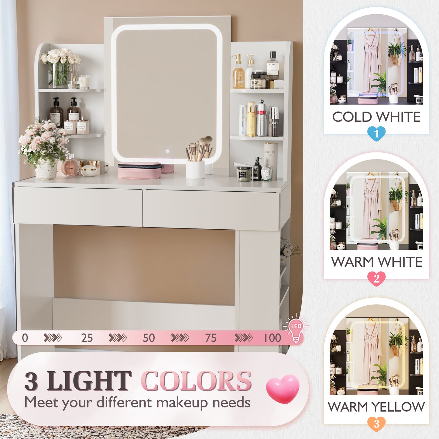 Furmax Makeup Vanity Desk and Bench Set with LED Lighted Mirror Vanity Table with Drawers, Shelves & Side Storage for Bedroom