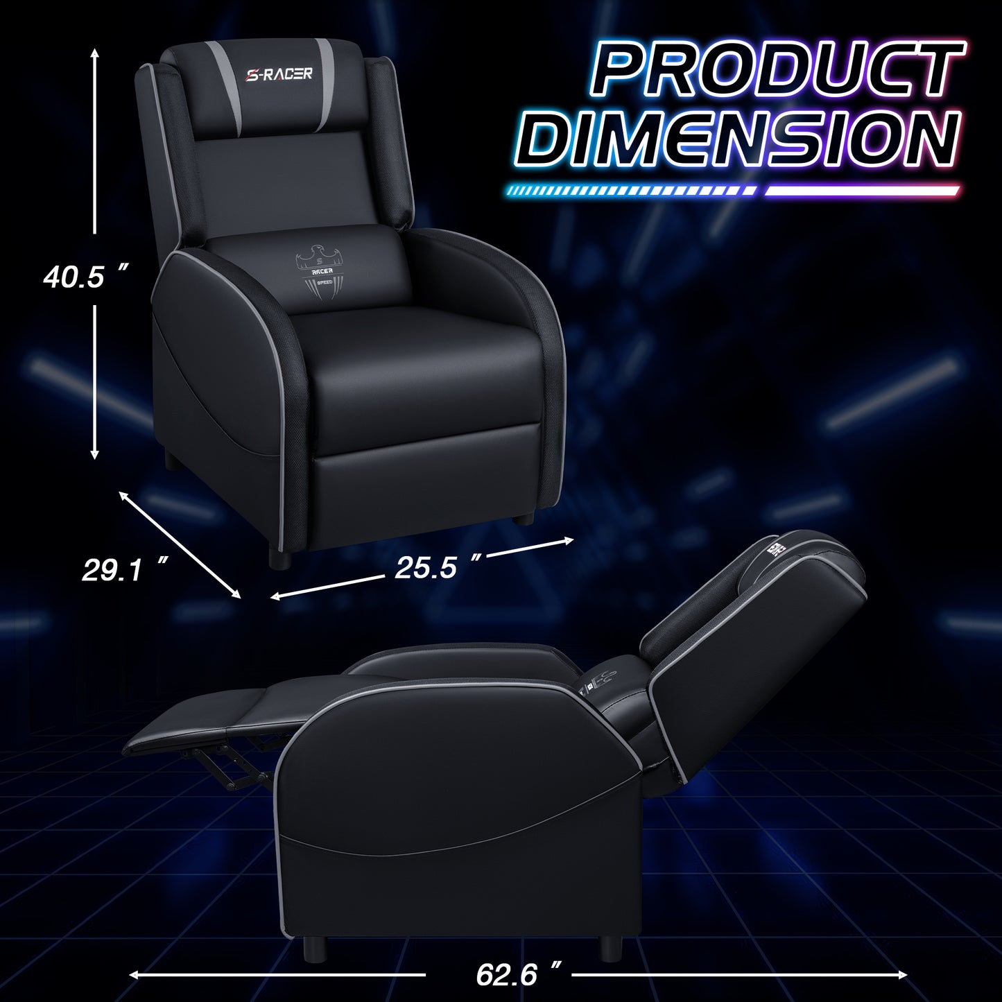 Furmax RGB LED Lights Gaming Massage Recliner Chair Racing Style Single Living Room Sofa Ergonomic Home Theater Seating with Massage Lumbar Support