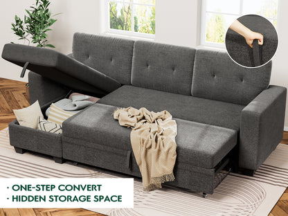 Furmax Convertible L-Shape Sofa with Storage Chaise and Pull-out Sofa Bed, Fabric Sectional Couch , Gray