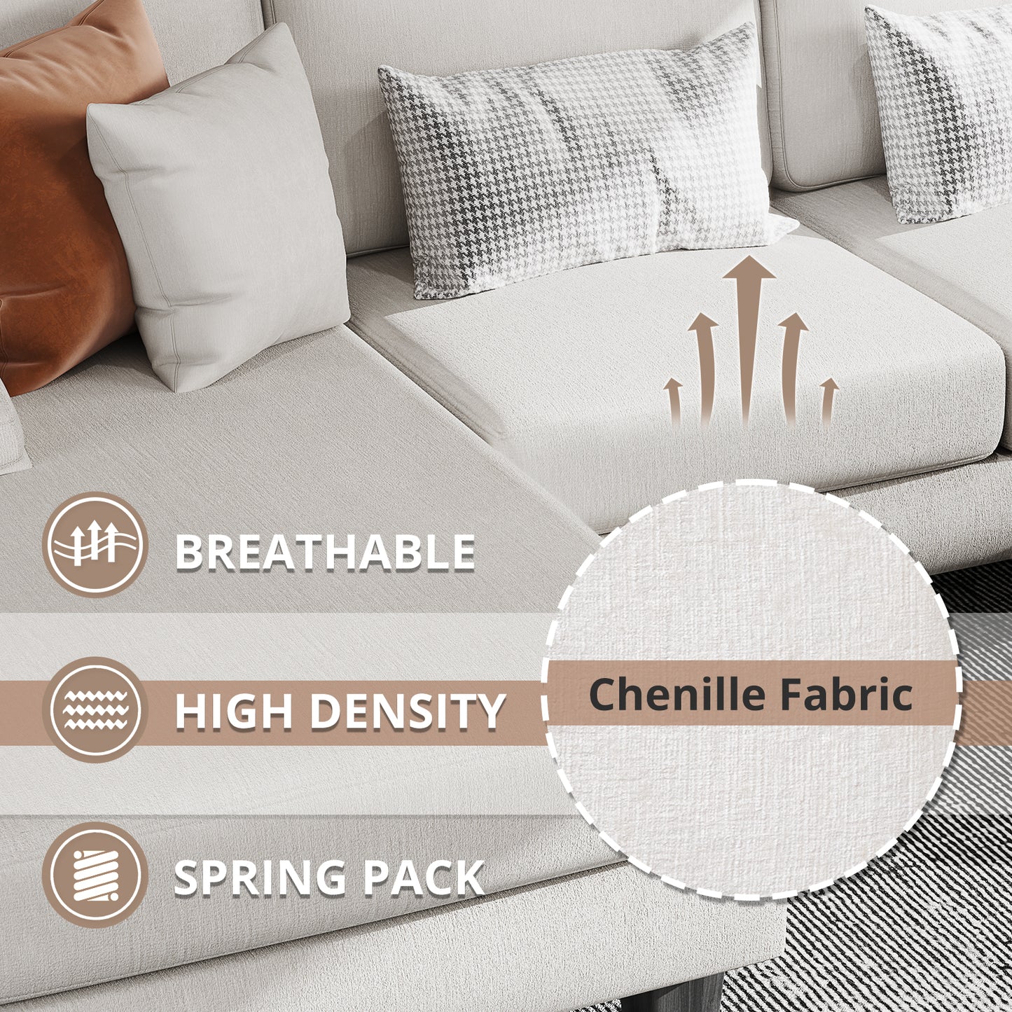 Furmax U-Shaped Sectional Sofa with Chaise, 4 Seats Chenille Fabric Sofa for Living room