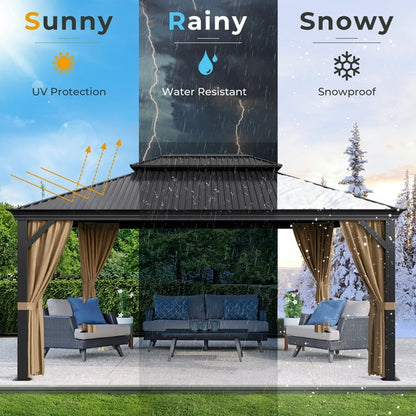 Furmax 10' x 12' Outdoor Hardtop Gazebo Galvanized Steel Metal Double Roof and Aluminum Frame with Canopy, Netting, Curtains Permanent Pergola for Patio Backyard Garden Lawns Parties