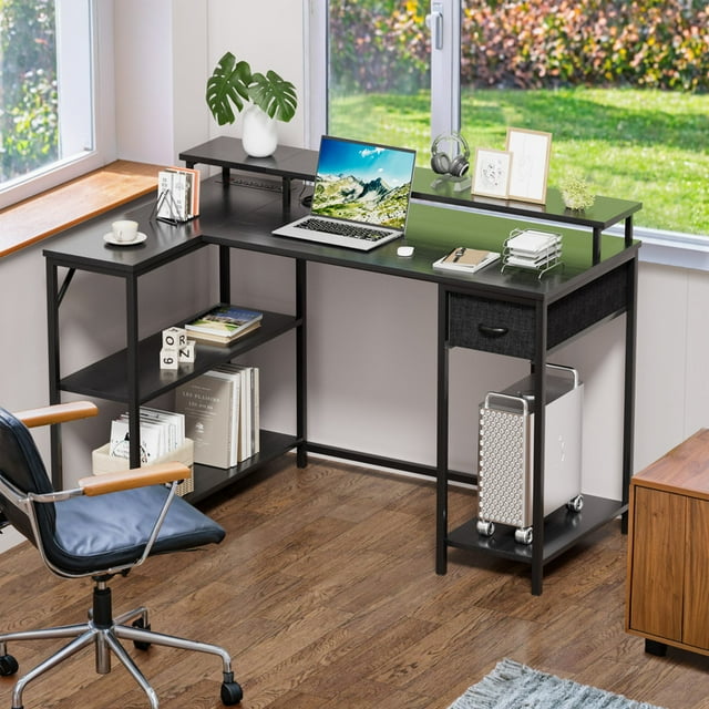 Furmax L-Shape Office Desk Gaming Table with LED Lights Built-in Socket Computer Stand Cloth Drawer 2 Types of Assembly