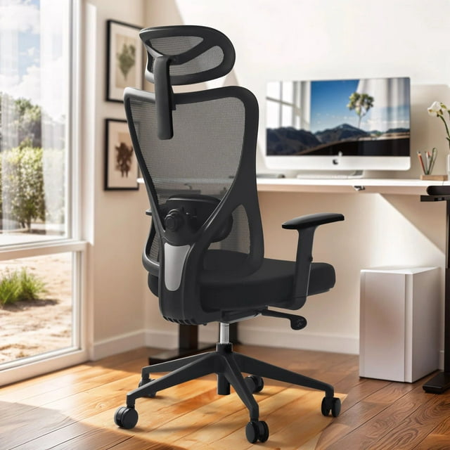 Furmax Ergonomic Mesh Task Chair with Adjustable Headrest, Lumbar Support, and Memory Foam Cushion for Office, Black