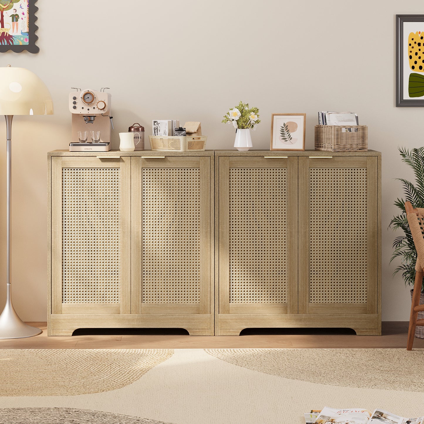 Furmax Rattan Door Buffet Cabinet Sideboard for Kitchen Wood Storage with Adjustable Shelf for Hallway Entry and Living Room