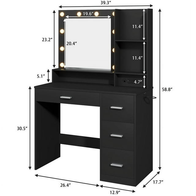Furmax Vanity Desk with Lights and Mirror Makeup Vanity Table Set with Drawer and Power Outlet