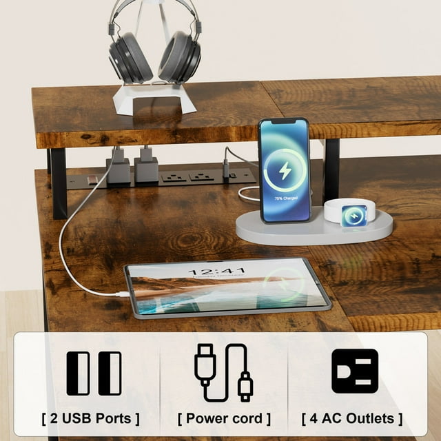 Furmax L-Shape Office Desk Gaming Table with LED Lights Built-in Socket Computer Stand Cloth Drawer 2 Types of Assembly