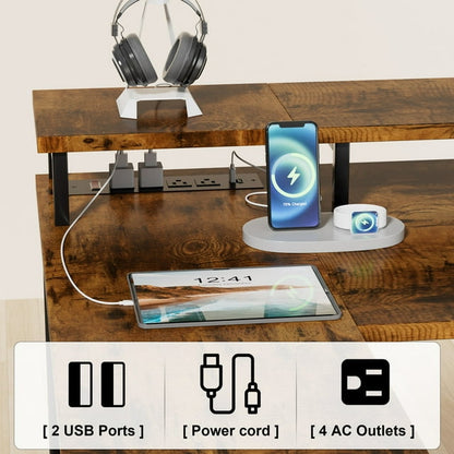 Furmax L-Shape Office Desk Gaming Table with LED Lights Built-in Socket Computer Stand Cloth Drawer 2 Types of Assembly