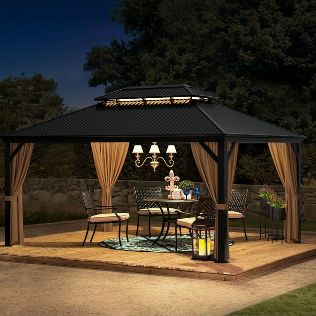 Furmax 10' x 12' Outdoor Hardtop Gazebo Galvanized Steel Metal Double Roof and Aluminum Frame with Canopy, Netting, Curtains Permanent Pergola for Patio Backyard Garden Lawns Parties