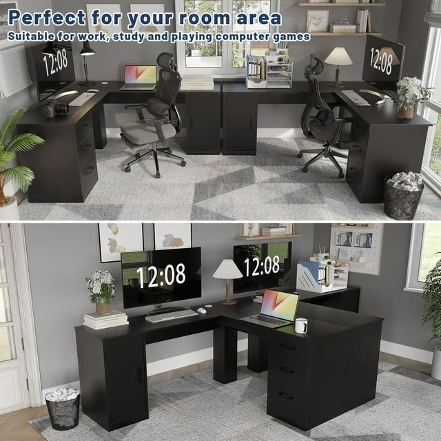 Furmax L Shaped Desk Corner Office Desk Computer Desk with Storage Cabinet & Drawers
