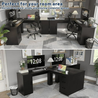 Furmax L Shaped Desk Corner Office Desk Computer Desk with Storage Cabinet & Drawers