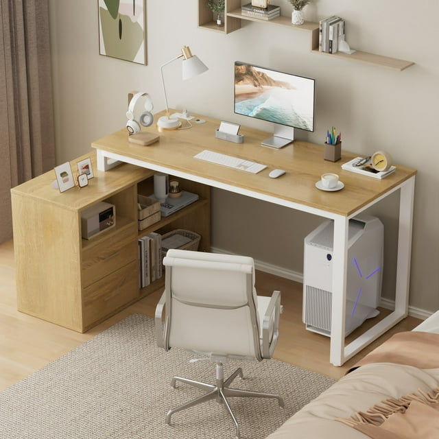 Furmax 55 Inch L-Shaped Corner Computer Desk with File Cabinet, Power Outlet, Home Office Desk with 2 Drawers and 3 Storage Shelve, Workstation Executive Desk with Storage Shelf for Home Office