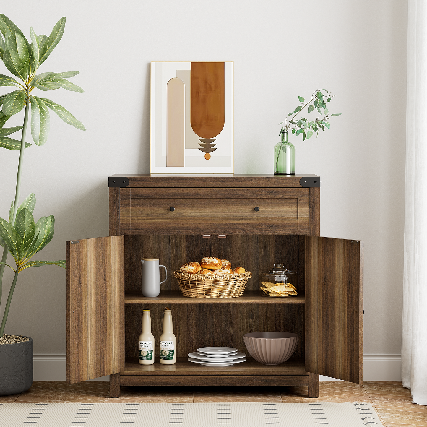 Furmax Modern Farmhouse Storage Cabinet, Wood Kitchen Buffet Sideboard with Drawer and Shelf