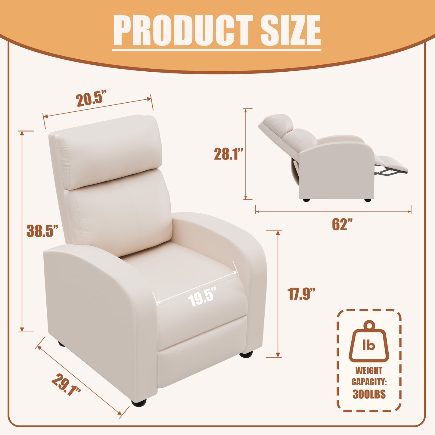 Furmax Recliner Chair Pu Leather Single Sofa Home Theater Recliners with Lumbar Support for Living Room