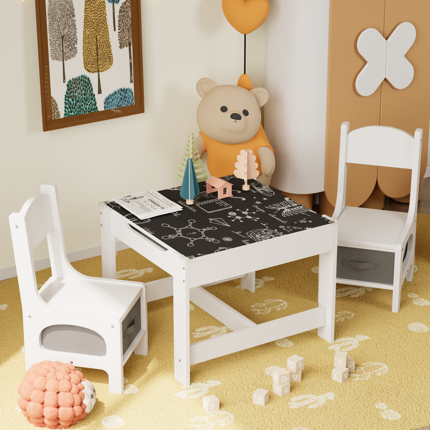 Furmax Children Table and Chair Set, 3 in 1 Wooden Activity Table and Chair Set with 2 in 1 Detachable Tabletop Table Storage Drawer for Home Nursery Playroom