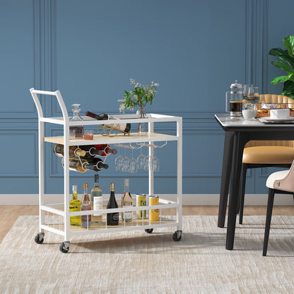 Furmax Mobile Bar Cart, Modern, Industrial, With Wine Rack, Glass Holder, and Wood Storage Shelves, Ideal for Living Room, Kitchen, Bar, Restaurants, and Parties, Golden