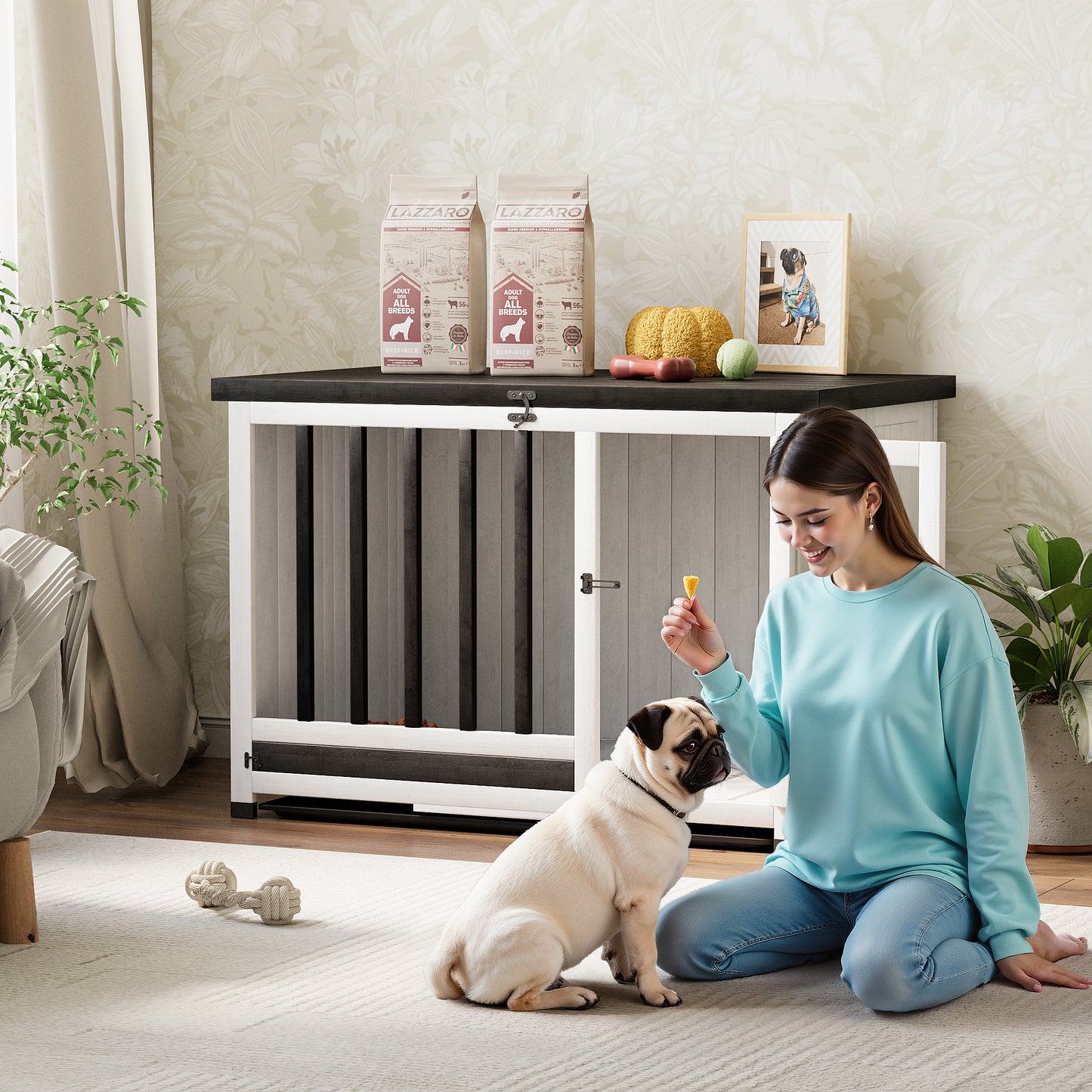 Furmax Solid Wood Indoor Dog Crate Furniture with Bowl Portable Collapsible Doghouse End Table Heavy Duty Dog Cage with Opening Roof