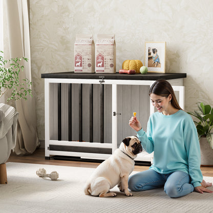 Furmax Solid Wood Indoor Dog Crate Furniture with Bowl Portable Collapsible Doghouse End Table Heavy Duty Dog Cage with Opening Roof