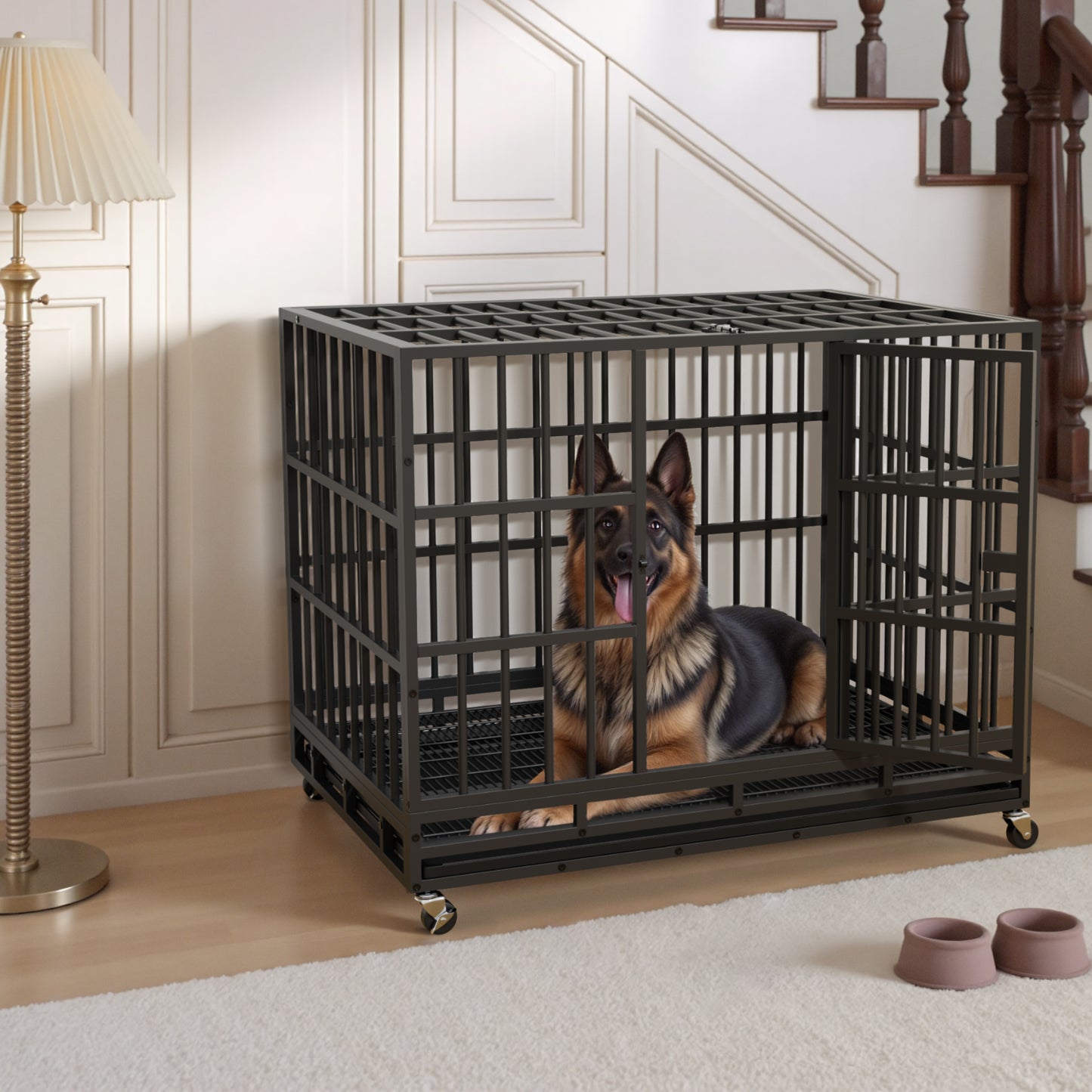 Furmax Heavy Duty Dog Crate with Removable Tray Large Dog Kennel Heavy Duty Dog Crate cage with Wheels