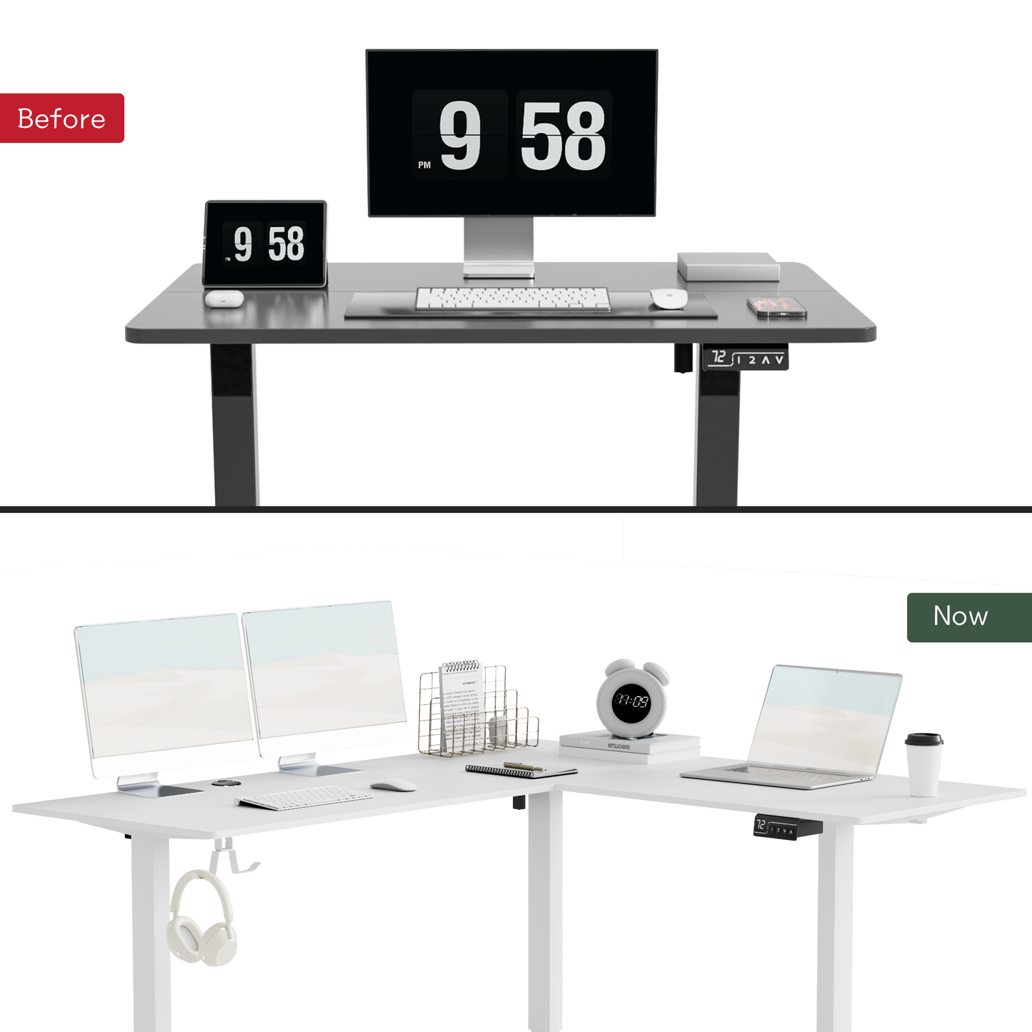 Furmax L-shaped Electric Sit-Stand Desk 63in Wide Electric Stand Up Height Adjustable Lifting Range 28~46in Computer Workstation Standing Desk Height Adjustable