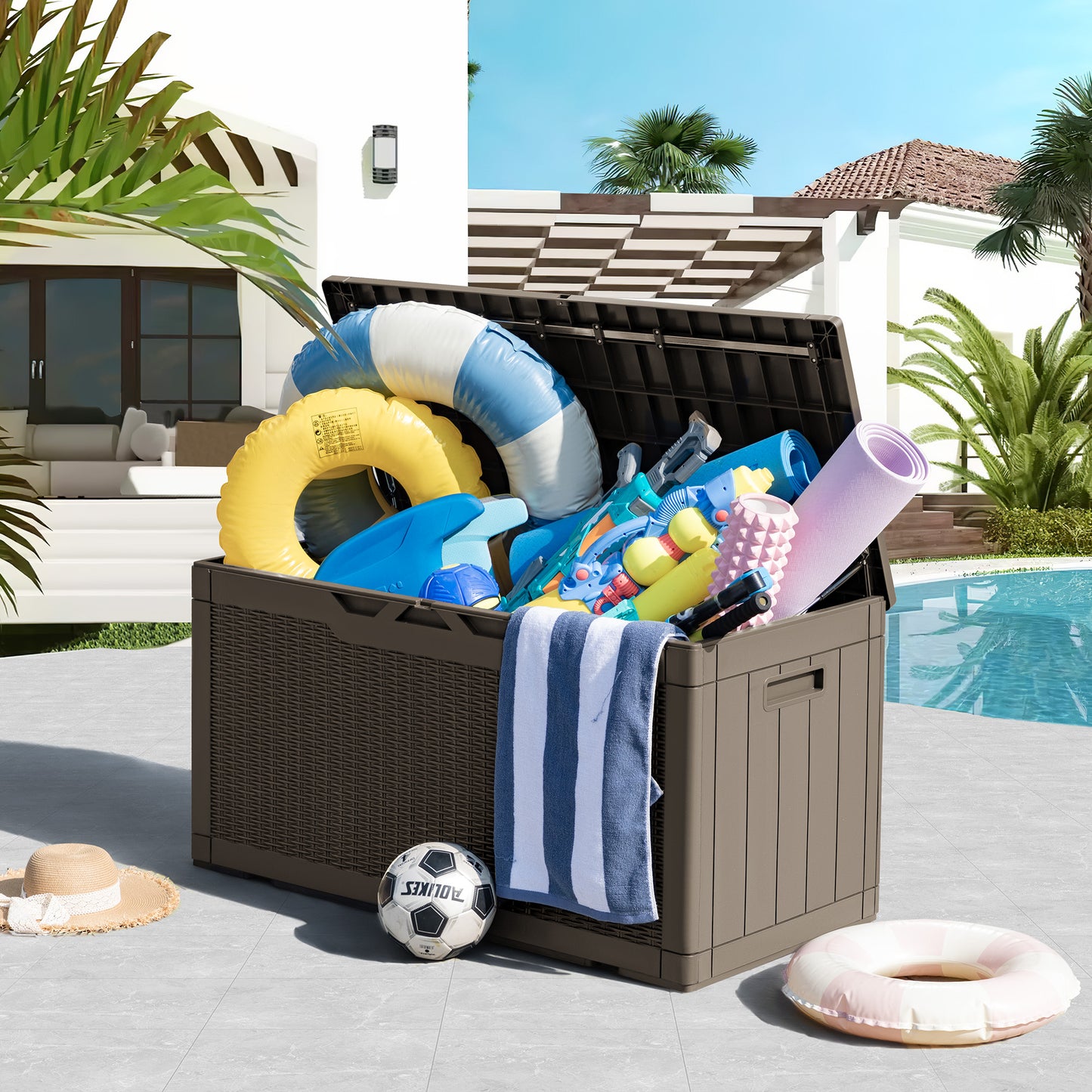 Furmax 100 Gallon Patio Lockable Storage Box, Indoor Outdoor Large Size Resin Deck Container,