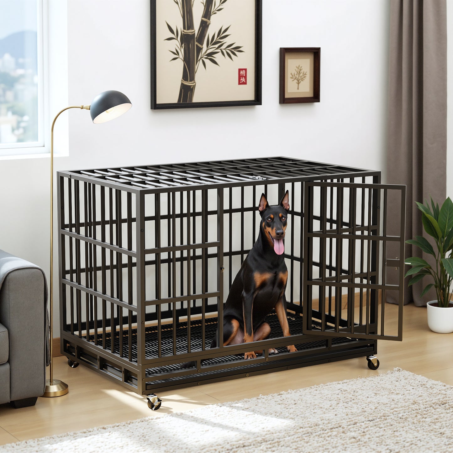 Furmax Heavy Duty Dog Crate with Removable Tray Large Dog Kennel Heavy Duty Dog Crate cage with Wheels