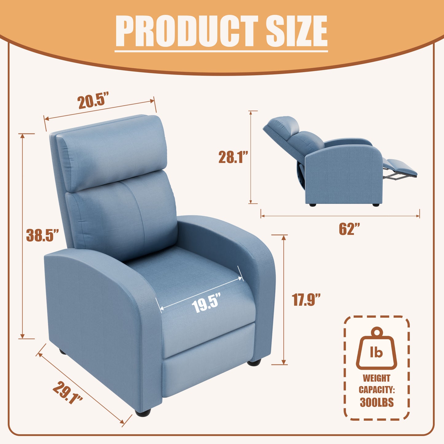 Furmax Recliner Chair Pu Leather Single Sofa Home Theater Recliners with Lumbar Support for Living Room