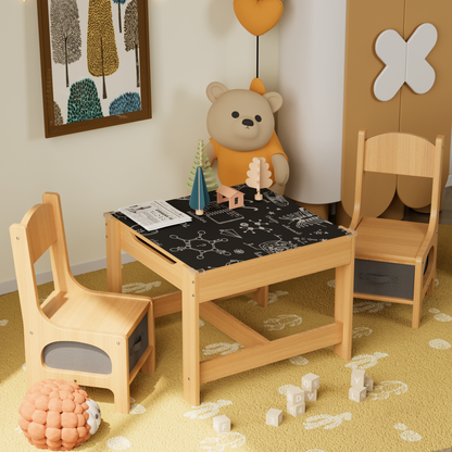 Furmax Children Table and Chair Set, 3 in 1 Wooden Activity Table and Chair Set with 2 in 1 Detachable Tabletop Table Storage Drawer for Home Nursery Playroom