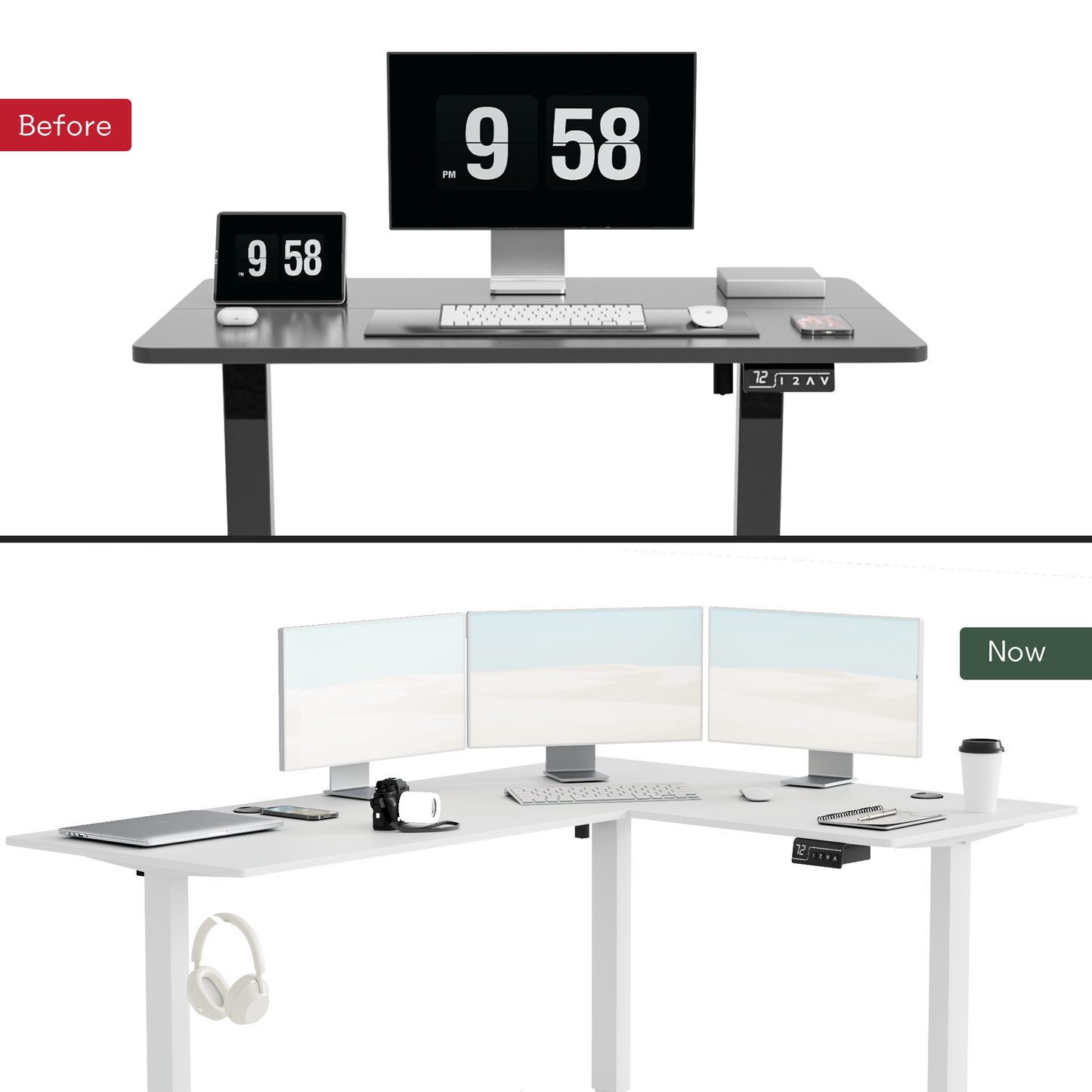 Furmax L-shaped Electric Sit-Stand Desk 63in Wide Electric Stand Up Height Adjustable Lifting Range 28~46in Computer Workstation Standing Desk Height Adjustable