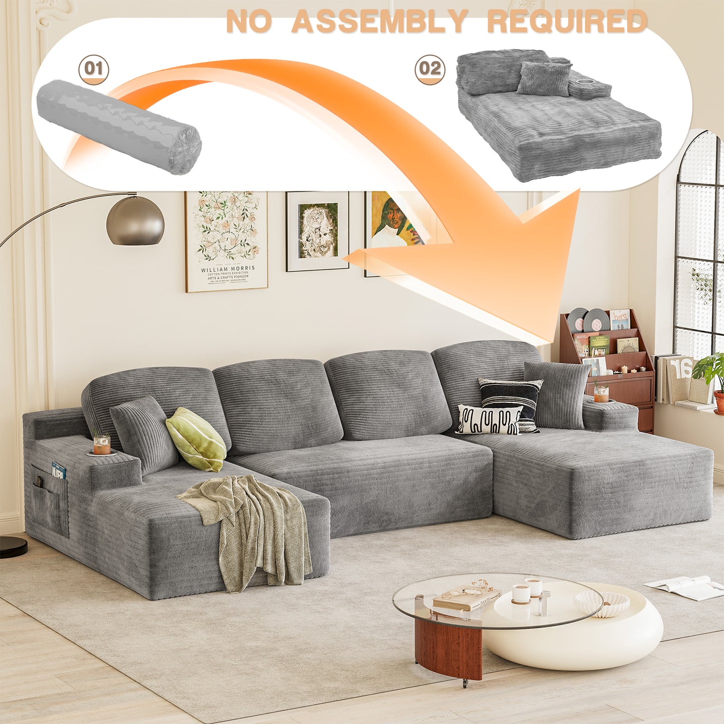 Furmax U-Shaped Structure 141" Boneless Modular Sectional Sofa Cloud-Like Softness No Assembly Effort Needed with Plush Deep Seating for Living Room Bedroom Decor