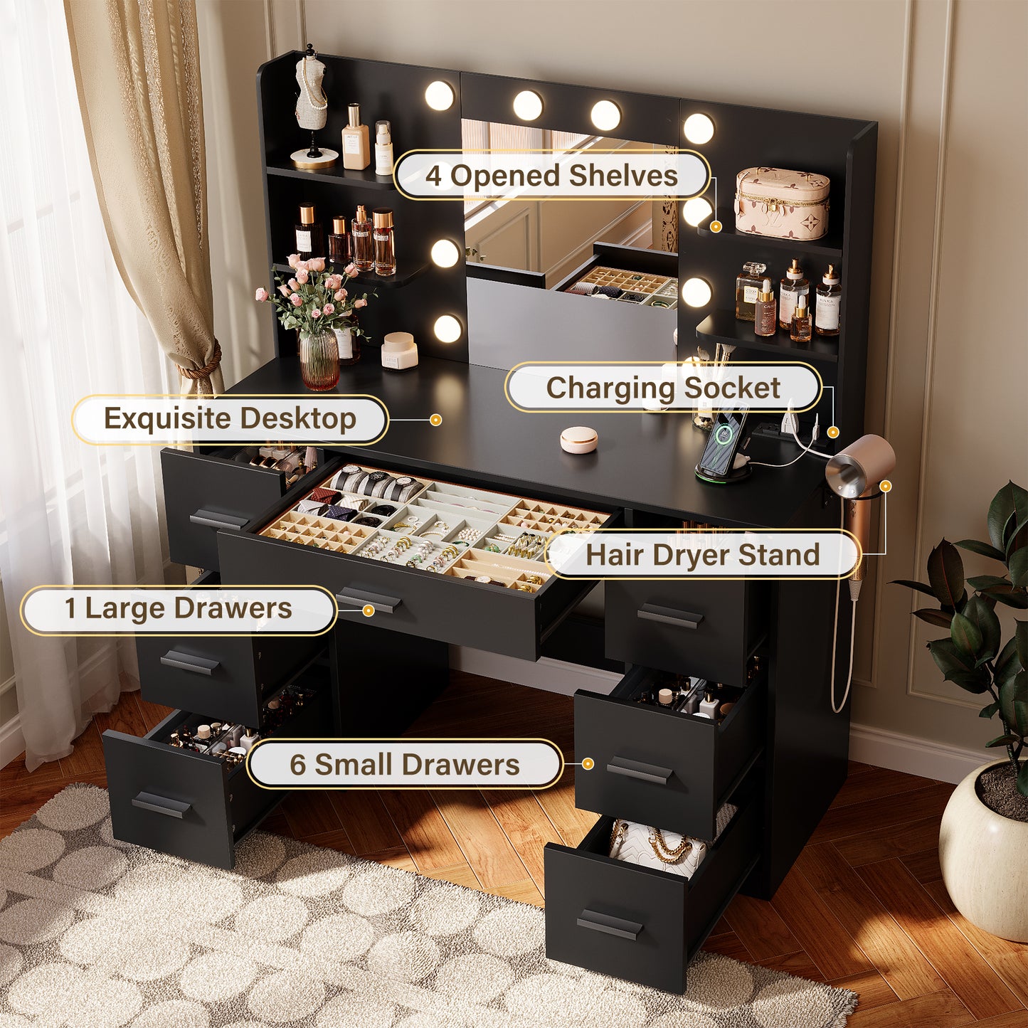 Furmax Makeup Vanity with Mirror and Drawers Vanity Desk Set with 3 Modes Adjustable Brightness Lights and USB Power Outlet