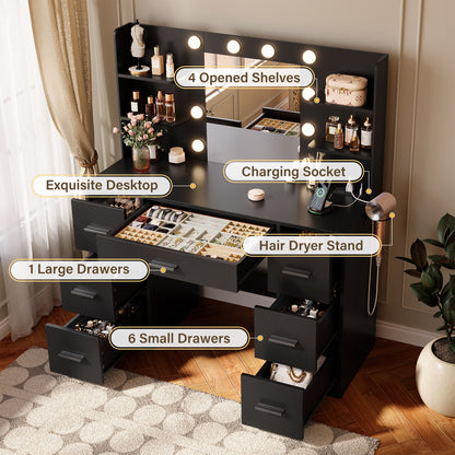 Furmax Makeup Vanity with Mirror and Drawers Vanity Desk Set with 3 Modes Adjustable Brightness Lights and USB Power Outlet
