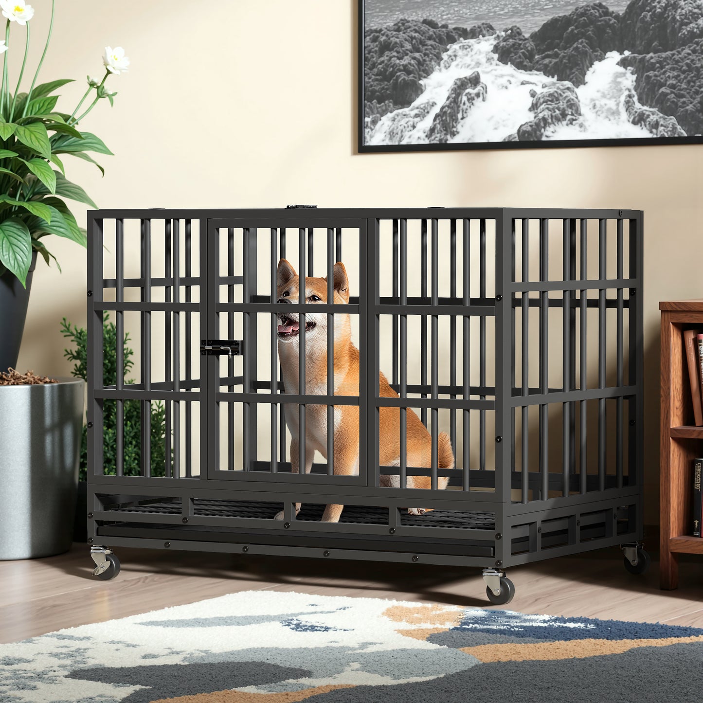 Furmax Heavy Duty Dog Crate with Removable Tray Large Dog Kennel Heavy Duty Dog Crate cage with Wheels