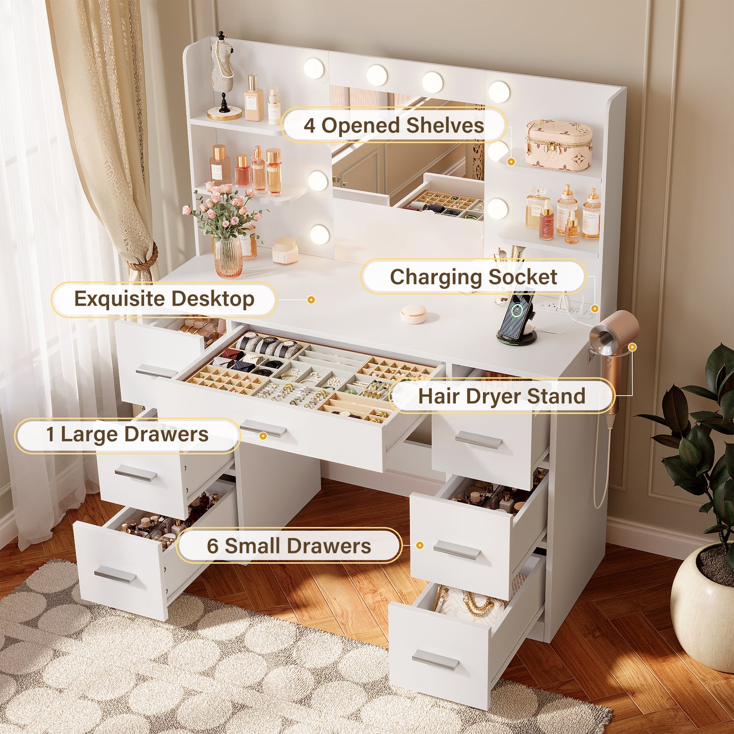 Furmax Makeup Vanity with Mirror and Drawers Vanity Desk Set with 3 Modes Adjustable Brightness Lights and USB Power Outlet