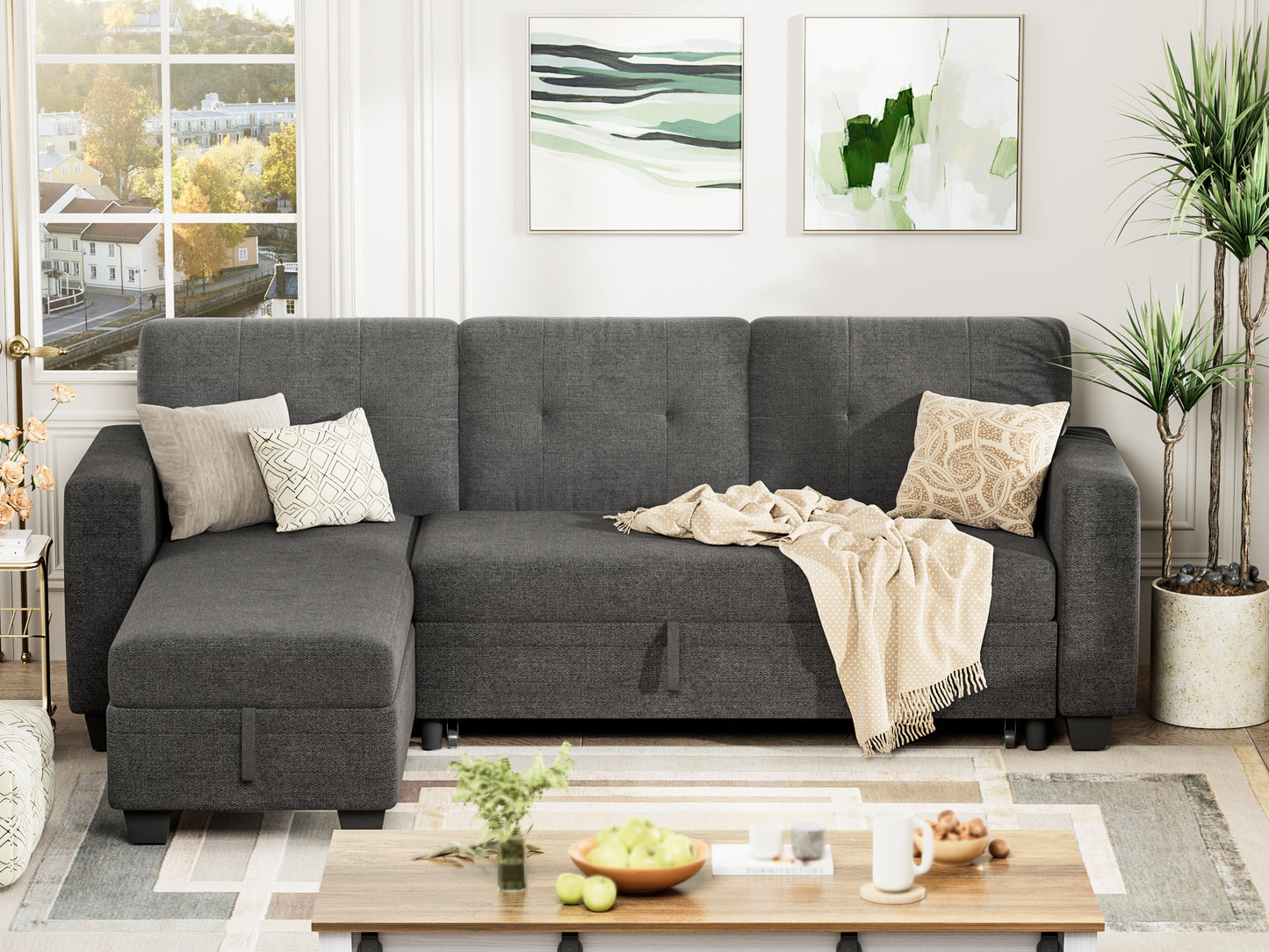 Furmax Convertible L-Shape Sofa with Storage Chaise and Pull-out Sofa Bed, Fabric Sectional Couch , Gray