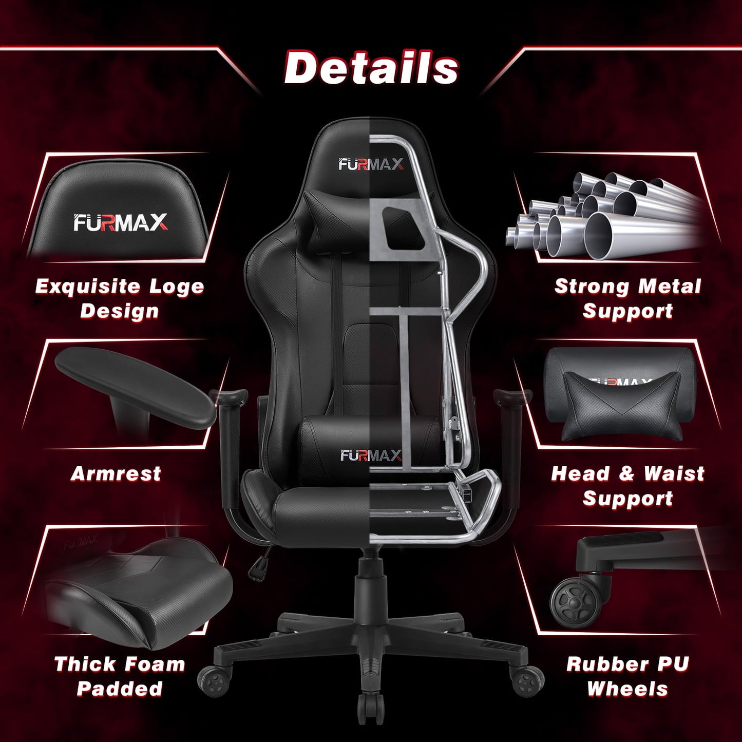 Furmax High-Back Gaming Office Chair Ergonomic Racing Style Adjustable Height Executive Computer Chair with Adjustable Headrest and Lumbar Pillow