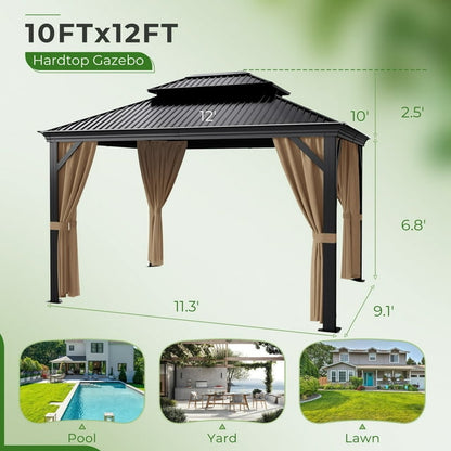 Furmax 10' x 12' Outdoor Hardtop Gazebo Galvanized Steel Metal Double Roof and Aluminum Frame with Canopy, Netting, Curtains Permanent Pergola for Patio Backyard Garden Lawns Parties