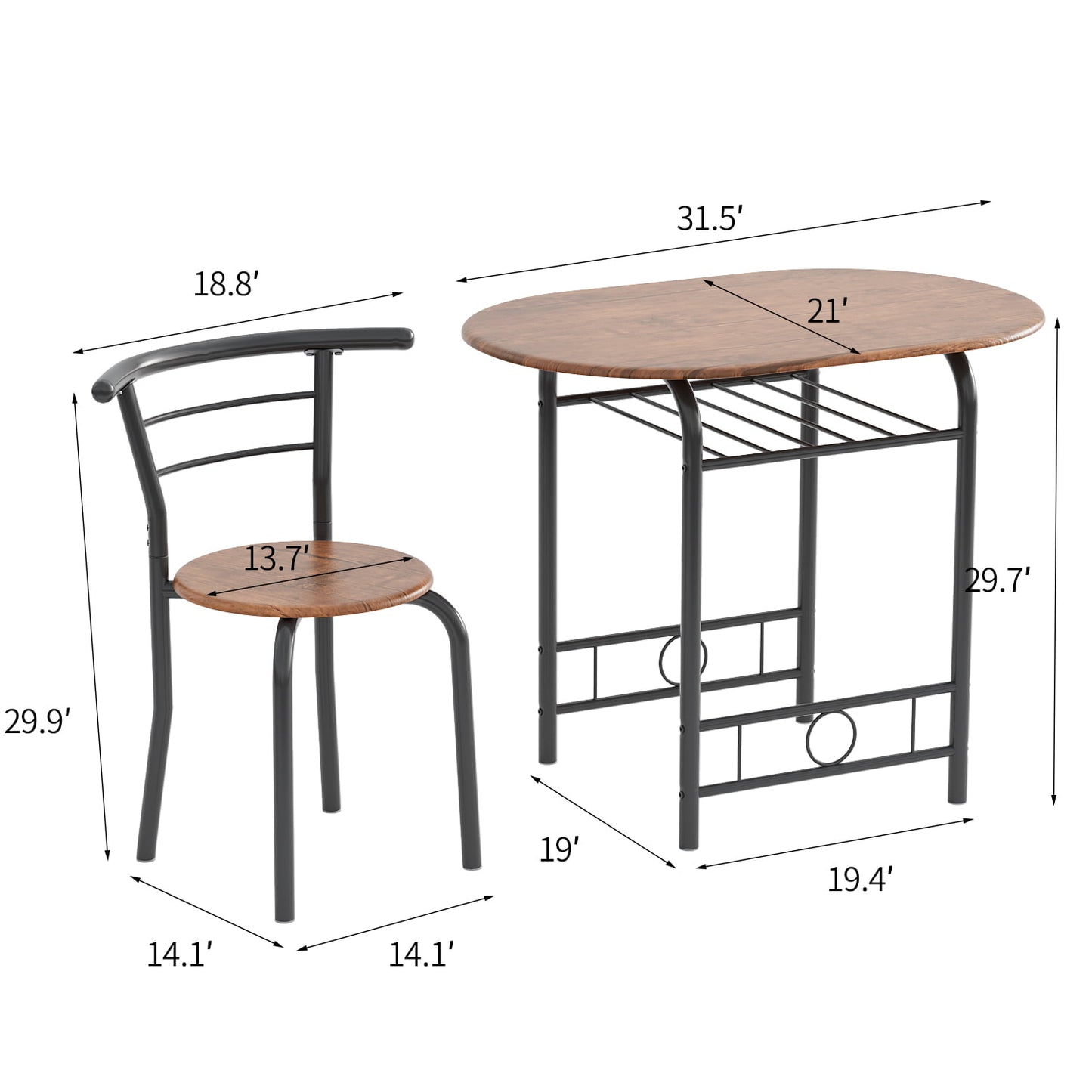 Furmax 3 Piece Wood and Metal Dining set, Small dining table for 2 ,for Living Room, Dining Room, Kitchen