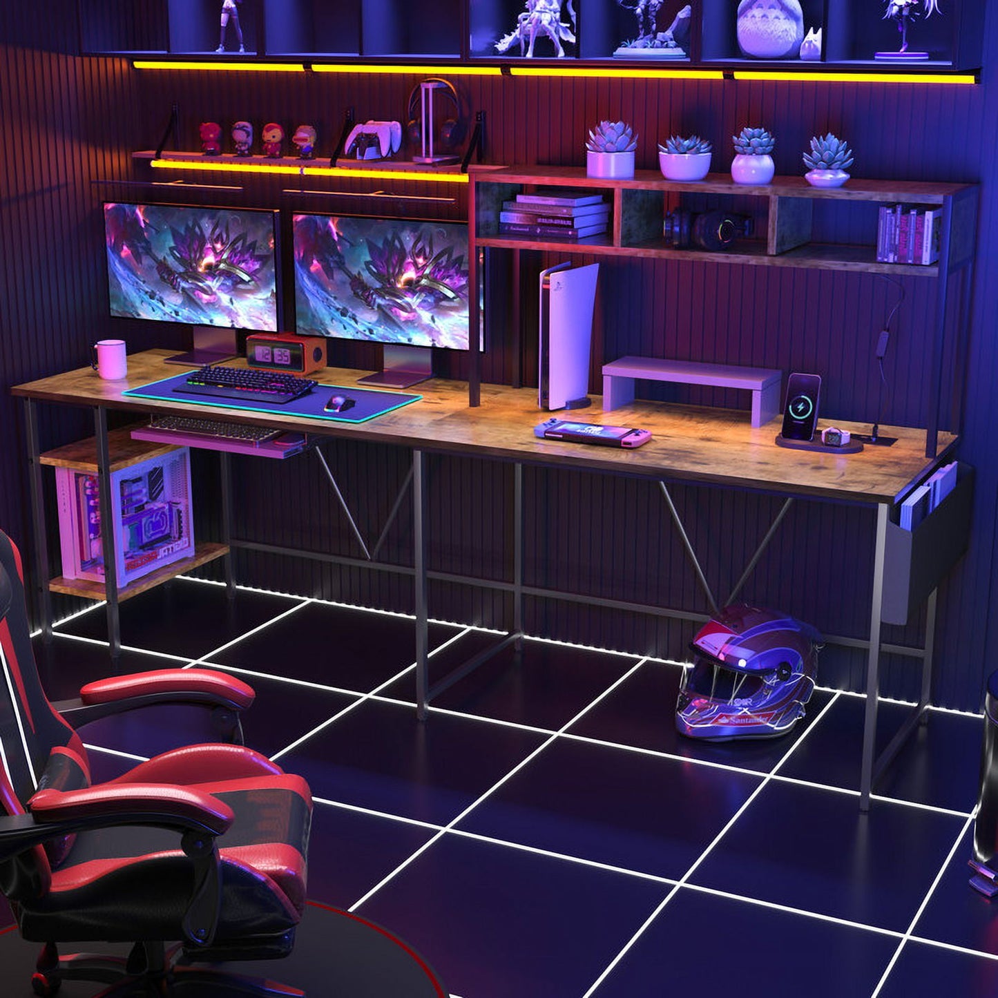 Furmax L-Shape Office Desk Gaming Table with LED Lights Storage Rack Built-in Socket Computer Stand Organizer Pocket Keyboard Drawer