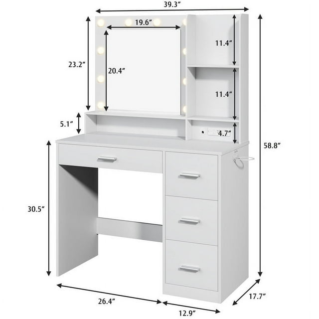 Furmax Vanity Desk with Lights and Mirror Makeup Vanity Table Set with Drawer and Power Outlet