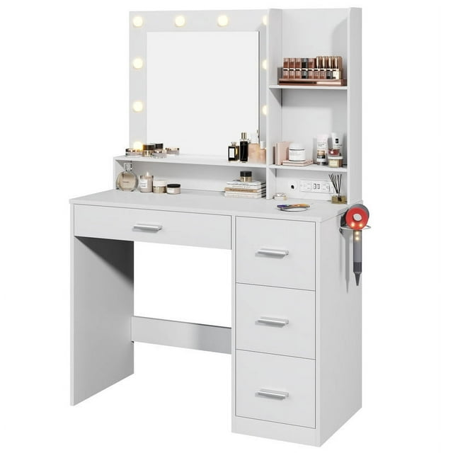 Furmax Vanity Desk with Lights and Mirror Makeup Vanity Table Set with Drawer and Power Outlet
