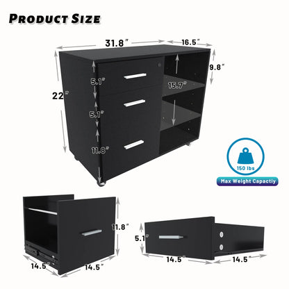 Furmax 3 Drawer Wood File Cabinet, Mobile Lateral Filing Cabinet, Printer Stand with Open Storage Shelves for Home Office, Black
