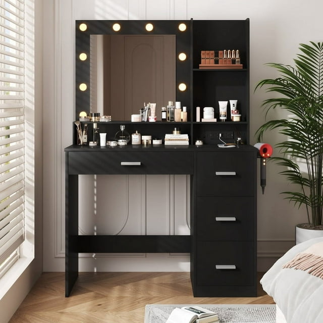 Furmax Vanity Desk with Lights and Mirror Makeup Vanity Table Set with Drawer and Power Outlet