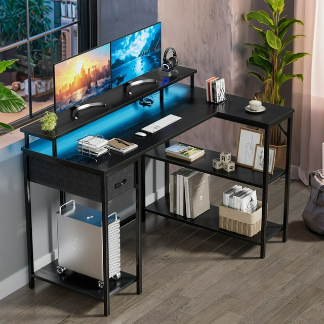 Furmax L-Shape Office Desk Gaming Table with LED Lights Built-in Socket Computer Stand Cloth Drawer 2 Types of Assembly